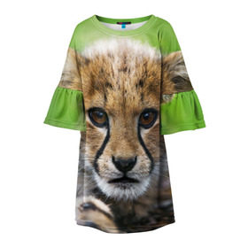 Детское платье 3D с принтом Котёнок гепарда в Санкт-Петербурге, 100% полиэстер | прямой силуэт, чуть расширенный к низу. Круглая горловина, на рукавах — воланы | Тематика изображения на принте: гепард | дикая кошка | котёнок | кошка | лев | природа | тигр | хищник | ягуар