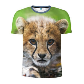 Мужская футболка 3D спортивная с принтом Котёнок гепарда в Санкт-Петербурге, 100% полиэстер с улучшенными характеристиками | приталенный силуэт, круглая горловина, широкие плечи, сужается к линии бедра | Тематика изображения на принте: гепард | дикая кошка | котёнок | кошка | лев | природа | тигр | хищник | ягуар