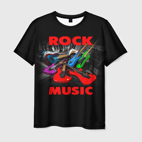 Мужская футболка 3D с принтом Rock music в Санкт-Петербурге, 100% полиэфир | прямой крой, круглый вырез горловины, длина до линии бедер | гитара | музыка | рок | рокер | электрогитара