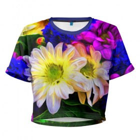 Женская футболка 3D укороченная с принтом Райские цветы в Санкт-Петербурге, 100% полиэстер | круглая горловина, длина футболки до линии талии, рукава с отворотами | color | колорит | лепестки | цвет | цветок | цветочки | цветы