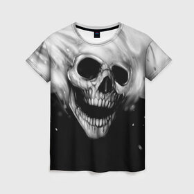 Женская футболка 3D с принтом Череп в Санкт-Петербурге, 100% полиэфир ( синтетическое хлопкоподобное полотно) | прямой крой, круглый вырез горловины, длина до линии бедер | black and white | fire | skull | монстр | огонь | привидение | череп | чёрно белый