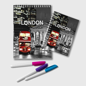 Блокнот с принтом Улицы Лондона в Санкт-Петербурге, 100% бумага | 48 листов, плотность листов — 60 г/м2, плотность картонной обложки — 250 г/м2. Листы скреплены удобной пружинной спиралью. Цвет линий — светло-серый
 | Тематика изображения на принте: bus | city | england | evening | lights | london | night | street | two storey | united kingdom | автобус | англия | великобритания | вечер | город | двухэтажный | лондон | ночь | огни | улица