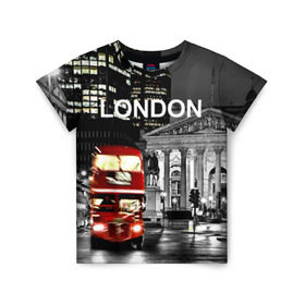 Детская футболка 3D с принтом Улицы Лондона в Санкт-Петербурге, 100% гипоаллергенный полиэфир | прямой крой, круглый вырез горловины, длина до линии бедер, чуть спущенное плечо, ткань немного тянется | Тематика изображения на принте: bus | city | england | evening | lights | london | night | street | two storey | united kingdom | автобус | англия | великобритания | вечер | город | двухэтажный | лондон | ночь | огни | улица