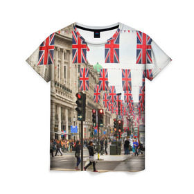 Женская футболка 3D с принтом Улицы Лондона в Санкт-Петербурге, 100% полиэфир ( синтетическое хлопкоподобное полотно) | прямой крой, круглый вырез горловины, длина до линии бедер | city | england | flags | london | moving | pedestrians | people | street | traffic lights | united kingdom | англия | великобритания | город | лондон | люди | переход | пешеходы | светофоры | улица | флаги