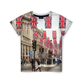 Детская футболка 3D с принтом Улицы Лондона в Санкт-Петербурге, 100% гипоаллергенный полиэфир | прямой крой, круглый вырез горловины, длина до линии бедер, чуть спущенное плечо, ткань немного тянется | Тематика изображения на принте: city | england | flags | london | moving | pedestrians | people | street | traffic lights | united kingdom | англия | великобритания | город | лондон | люди | переход | пешеходы | светофоры | улица | флаги