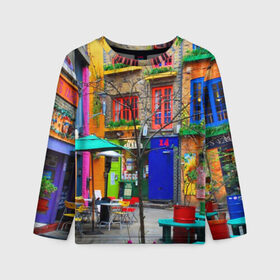 Детский лонгслив 3D с принтом Улицы Лондона в Санкт-Петербурге, 100% полиэстер | длинные рукава, круглый вырез горловины, полуприлегающий силуэт
 | bright | city | color | courtyard | england | london | paint | street | united kingdom | англия | великобритания | город | дворик | краски | лондон | улица | цвет | яркие