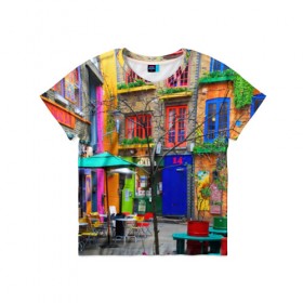 Детская футболка 3D с принтом Улицы Лондона в Санкт-Петербурге, 100% гипоаллергенный полиэфир | прямой крой, круглый вырез горловины, длина до линии бедер, чуть спущенное плечо, ткань немного тянется | bright | city | color | courtyard | england | london | paint | street | united kingdom | англия | великобритания | город | дворик | краски | лондон | улица | цвет | яркие