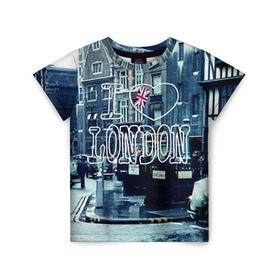 Детская футболка 3D с принтом Улицы Лондона в Санкт-Петербурге, 100% гипоаллергенный полиэфир | прямой крой, круглый вырез горловины, длина до линии бедер, чуть спущенное плечо, ткань немного тянется | Тематика изображения на принте: city | england | flag | heart | i | london | love | street | united kingdom | англия | великобритания | город | лондон | люблю | сердце | улица | флаг | я