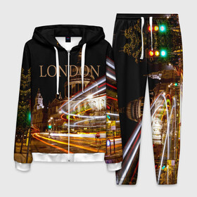 Мужской костюм 3D с принтом Улицы Лондона в Санкт-Петербурге, 100% полиэстер | Манжеты и пояс оформлены тканевой резинкой, двухслойный капюшон со шнурком для регулировки, карманы спереди | Тематика изображения на принте: city | england | lights | london | night | street | united kingdom | англия | великобритания | город | лондон | ночь | огни | улица