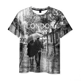Мужская футболка 3D с принтом Улицы Лондона в Санкт-Петербурге, 100% полиэфир | прямой крой, круглый вырез горловины, длина до линии бедер | англия | бульвар | великобритания | влюбленные | дождь | зонтик | лондон | улица