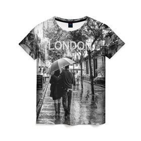Женская футболка 3D с принтом Улицы Лондона в Санкт-Петербурге, 100% полиэфир ( синтетическое хлопкоподобное полотно) | прямой крой, круглый вырез горловины, длина до линии бедер | англия | бульвар | великобритания | влюбленные | дождь | зонтик | лондон | улица