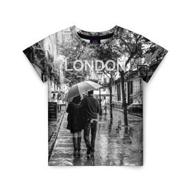 Детская футболка 3D с принтом Улицы Лондона в Санкт-Петербурге, 100% гипоаллергенный полиэфир | прямой крой, круглый вырез горловины, длина до линии бедер, чуть спущенное плечо, ткань немного тянется | англия | бульвар | великобритания | влюбленные | дождь | зонтик | лондон | улица