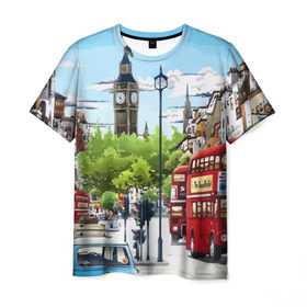 Мужская футболка 3D с принтом Улицы Лондона в Санкт-Петербурге, 100% полиэфир | прямой крой, круглый вырез горловины, длина до линии бедер | city | england | london | united kingdom | англия | великобритания | город | лондон
