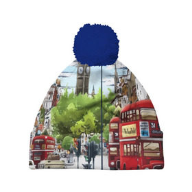 Шапка 3D c помпоном с принтом Улицы Лондона в Санкт-Петербурге, 100% полиэстер | универсальный размер, печать по всей поверхности изделия | city | england | london | united kingdom | англия | великобритания | город | лондон