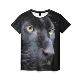 Женская футболка 3D с принтом Черная пантера в Санкт-Петербурге, 100% полиэфир ( синтетическое хлопкоподобное полотно) | прямой крой, круглый вырез горловины, длина до линии бедер | животные | кис | киска | кот | котенок | котик | кошечка | кошка | пантера | рысь | тигр | хищник