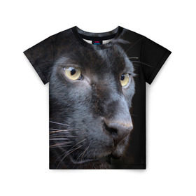 Детская футболка 3D с принтом Черная пантера в Санкт-Петербурге, 100% гипоаллергенный полиэфир | прямой крой, круглый вырез горловины, длина до линии бедер, чуть спущенное плечо, ткань немного тянется | Тематика изображения на принте: животные | кис | киска | кот | котенок | котик | кошечка | кошка | пантера | рысь | тигр | хищник