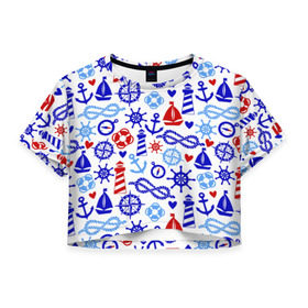Женская футболка 3D укороченная с принтом Речник в Санкт-Петербурге, 100% полиэстер | круглая горловина, длина футболки до линии талии, рукава с отворотами | вода | канат | компас | круг | маяк | море | парус | спасатель | узел | якорь