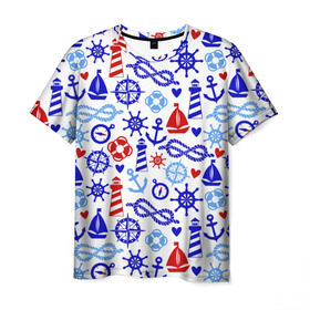 Мужская футболка 3D с принтом Речник в Санкт-Петербурге, 100% полиэфир | прямой крой, круглый вырез горловины, длина до линии бедер | вода | канат | компас | круг | маяк | море | парус | спасатель | узел | якорь
