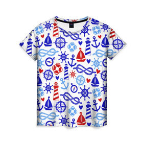 Женская футболка 3D с принтом Речник в Санкт-Петербурге, 100% полиэфир ( синтетическое хлопкоподобное полотно) | прямой крой, круглый вырез горловины, длина до линии бедер | вода | канат | компас | круг | маяк | море | парус | спасатель | узел | якорь
