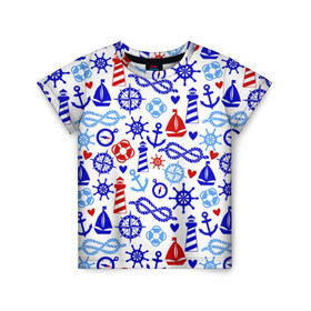 Детская футболка 3D с принтом Речник в Санкт-Петербурге, 100% гипоаллергенный полиэфир | прямой крой, круглый вырез горловины, длина до линии бедер, чуть спущенное плечо, ткань немного тянется | вода | канат | компас | круг | маяк | море | парус | спасатель | узел | якорь