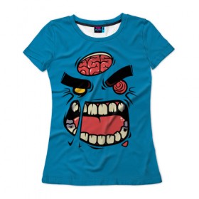 Женская футболка 3D с принтом Angry Zombie в Санкт-Петербурге, 100% полиэфир ( синтетическое хлопкоподобное полотно) | прямой крой, круглый вырез горловины, длина до линии бедер | brain | evil | face | halloween | monster | smile | zombie | зомби | лицо | мозг | монстр | нечисть | смайл | хэллоуин