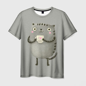 Мужская футболка 3D с принтом Cat Love Kill в Санкт-Петербурге, 100% полиэфир | прямой крой, круглый вырез горловины, длина до линии бедер | animal | beast | cat | feline | kill | kitty | love | meow | взгляд | животное | зверь | кот | котенок | котик | кофе | кошка | любовь | мяу | чай
