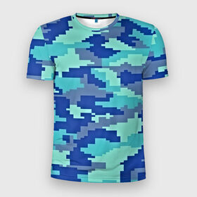 Мужская футболка 3D спортивная с принтом Камуфляж в Санкт-Петербурге, 100% полиэстер с улучшенными характеристиками | приталенный силуэт, круглая горловина, широкие плечи, сужается к линии бедра | пиксельный | синий