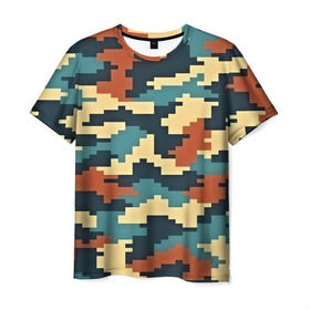 Мужская футболка 3D с принтом Цветной камуфляж в Санкт-Петербурге, 100% полиэфир | прямой крой, круглый вырез горловины, длина до линии бедер | пиксельный