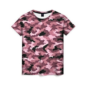 Женская футболка 3D с принтом Розовый камуфляж в Санкт-Петербурге, 100% полиэфир ( синтетическое хлопкоподобное полотно) | прямой крой, круглый вырез горловины, длина до линии бедер | пиксельный