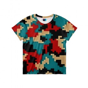 Детская футболка 3D с принтом Camouflage в Санкт-Петербурге, 100% гипоаллергенный полиэфир | прямой крой, круглый вырез горловины, длина до линии бедер, чуть спущенное плечо, ткань немного тянется | камуфляж | пиксельный | разноцветный