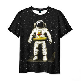 Мужская футболка 3D с принтом Космонавт с уточкой в Санкт-Петербурге, 100% полиэфир | прямой крой, круглый вырез горловины, длина до линии бедер | астронавт | ванна | галактика | звезды | космонавт | планета | утка | уточка