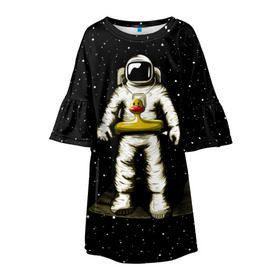 Детское платье 3D с принтом Космонавт с уточкой в Санкт-Петербурге, 100% полиэстер | прямой силуэт, чуть расширенный к низу. Круглая горловина, на рукавах — воланы | астронавт | ванна | галактика | звезды | космонавт | планета | утка | уточка
