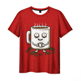 Мужская футболка 3D с принтом Кофейный пьяница в Санкт-Петербурге, 100% полиэфир | прямой крой, круглый вырез горловины, длина до линии бедер | Тематика изображения на принте: coffee | tea | кофе | кружка | утро | чай | чашка