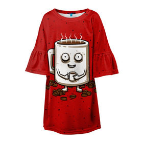 Детское платье 3D с принтом Кофейный пьяница в Санкт-Петербурге, 100% полиэстер | прямой силуэт, чуть расширенный к низу. Круглая горловина, на рукавах — воланы | Тематика изображения на принте: coffee | tea | кофе | кружка | утро | чай | чашка