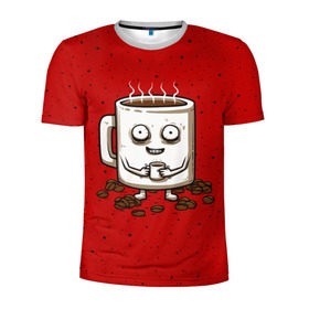 Мужская футболка 3D спортивная с принтом Кофейный пьяница в Санкт-Петербурге, 100% полиэстер с улучшенными характеристиками | приталенный силуэт, круглая горловина, широкие плечи, сужается к линии бедра | Тематика изображения на принте: coffee | tea | кофе | кружка | утро | чай | чашка