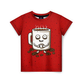 Детская футболка 3D с принтом Кофейный пьяница в Санкт-Петербурге, 100% гипоаллергенный полиэфир | прямой крой, круглый вырез горловины, длина до линии бедер, чуть спущенное плечо, ткань немного тянется | coffee | tea | кофе | кружка | утро | чай | чашка