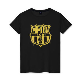 Женская футболка хлопок с принтом FC Barcelona - Yellow Paint (Оригинальный стиль,рисунок краской) в Санкт-Петербурге, 100% хлопок | прямой крой, круглый вырез горловины, длина до линии бедер, слегка спущенное плечо | barca | barcelona | fcb | барселона | футбол