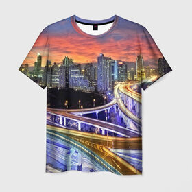 Мужская футболка 3D с принтом Ночные дороги в Санкт-Петербурге, 100% полиэфир | прямой крой, круглый вырез горловины, длина до линии бедер | Тематика изображения на принте: город | пейзаж