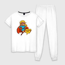 Женская пижама хлопок с принтом Super Mom в Санкт-Петербурге, 100% хлопок | брюки и футболка прямого кроя, без карманов, на брюках мягкая резинка на поясе и по низу штанин | 8 марта | мама | супермама