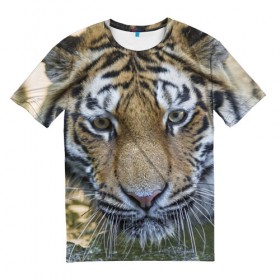 Мужская футболка 3D с принтом Тигр в Санкт-Петербурге, 100% полиэфир | прямой крой, круглый вырез горловины, длина до линии бедер | животные | кошка | лев | тигр | тигренок | тигрица | хищник