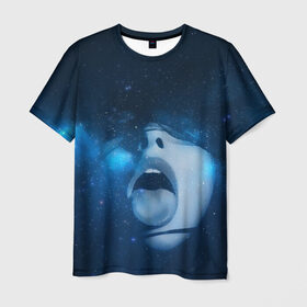 Мужская футболка 3D с принтом Космический рот в Санкт-Петербурге, 100% полиэфир | прямой крой, круглый вырез горловины, длина до линии бедер | Тематика изображения на принте: губы | девушка | женщина | звезды | зубы | космос | синий | туманность | черная дыра