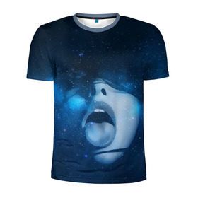 Мужская футболка 3D спортивная с принтом Космический рот в Санкт-Петербурге, 100% полиэстер с улучшенными характеристиками | приталенный силуэт, круглая горловина, широкие плечи, сужается к линии бедра | Тематика изображения на принте: губы | девушка | женщина | звезды | зубы | космос | синий | туманность | черная дыра