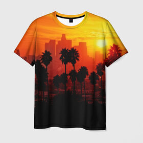 Мужская футболка 3D с принтом California в Санкт-Петербурге, 100% полиэфир | прямой крой, круглый вырез горловины, длина до линии бедер | 3dc | borough | city | downtown | town | городок | красота | пальмы | пейзаж | район | сити | страны | центр