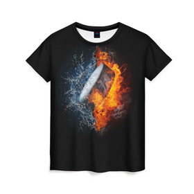 Женская футболка 3D с принтом Шайба - огонь и вода в Санкт-Петербурге, 100% полиэфир ( синтетическое хлопкоподобное полотно) | прямой крой, круглый вырез горловины, длина до линии бедер | Тематика изображения на принте: вода | лед | огонь | пламя | россия | спорт | хоккей | шайба