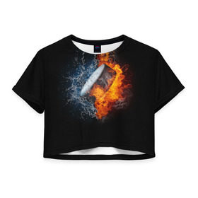 Женская футболка 3D укороченная с принтом Шайба - огонь и вода в Санкт-Петербурге, 100% полиэстер | круглая горловина, длина футболки до линии талии, рукава с отворотами | Тематика изображения на принте: вода | лед | огонь | пламя | россия | спорт | хоккей | шайба