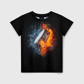 Детская футболка 3D с принтом Шайба - огонь и вода в Санкт-Петербурге, 100% гипоаллергенный полиэфир | прямой крой, круглый вырез горловины, длина до линии бедер, чуть спущенное плечо, ткань немного тянется | Тематика изображения на принте: вода | лед | огонь | пламя | россия | спорт | хоккей | шайба
