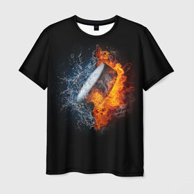 Мужская футболка 3D с принтом Шайба - огонь и вода в Санкт-Петербурге, 100% полиэфир | прямой крой, круглый вырез горловины, длина до линии бедер | Тематика изображения на принте: вода | лед | огонь | пламя | россия | спорт | хоккей | шайба