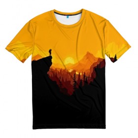 Мужская футболка 3D с принтом FIREWATCH в Санкт-Петербурге, 100% полиэфир | прямой крой, круглый вырез горловины, длина до линии бедер | Тематика изображения на принте: закат | файрвотч