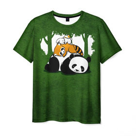 Мужская футболка 3D с принтом Милая панда в Санкт-Петербурге, 100% полиэфир | прямой крой, круглый вырез горловины, длина до линии бедер | большая | джунгли | енот | зайка | милая | панда | пушистая