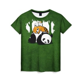 Женская футболка 3D с принтом Милая панда в Санкт-Петербурге, 100% полиэфир ( синтетическое хлопкоподобное полотно) | прямой крой, круглый вырез горловины, длина до линии бедер | большая | джунгли | енот | зайка | милая | панда | пушистая